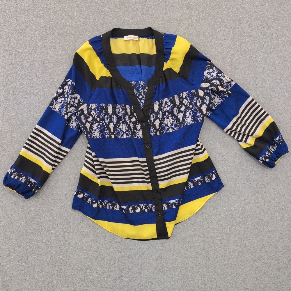 Calvin Klein Womens Striped Geometric Print Long Sleeve Blouse Top M - Picture 1 of 4